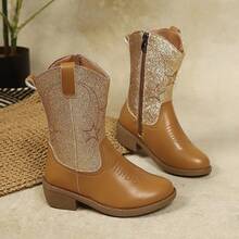 Children's Retro Mid-Calf Star & Moon Embroidered Western Cowboy Boots - Brown - View 13