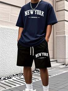 Men'S New York Casual Short Sleeve Black With White Lettering Casual Style| Comfortable Fit, PLUS SIZE  Men's Casual Outfit, Cotton Sportswear Set - 海軍藍 - 查看 14