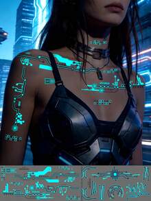 3Sheets Large Luminous Sci-Fi Machinery Design Temporary Tattoo Stickers For Men Women,Waterproof Female Robot Cyberpunk Futuristic Mechanical Line Pattern Glow In Dark Temporary Tattoos Cosplay Mech Party Body Decoration Stickers,Halloween Costume - Multicolor - View 4