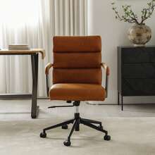 Office Chair Leather Brown - Wooden Arms - Brown - View 4