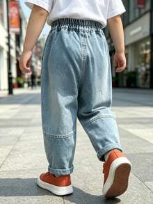 Young Boy Autumn Loose Fit Denim Jeans With Pockets, Suitable For Back To School And Daily Wear - Baby Blue - View 5