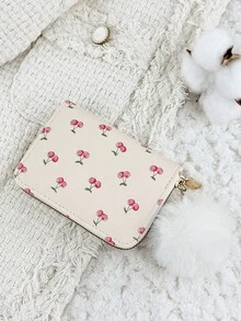 Ladies' Cherry Print Zipper Credit Card Clip Bag, Featuring A Stylish Pom Pom Accent, Card Short Wallet, Multi Slot Coin Wallet - White - View 4