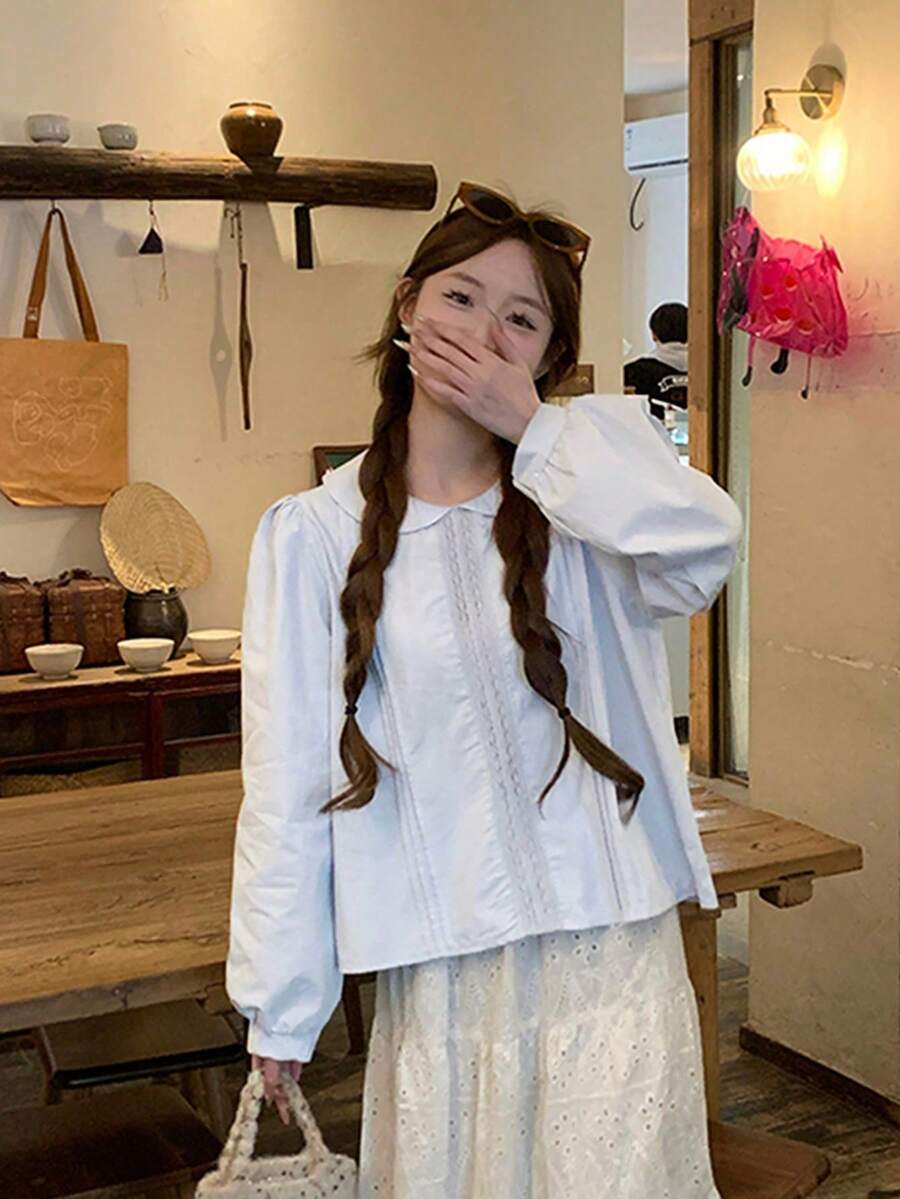 Korean Style Spring New Solid Color Top With Bowknot And Lace Design, Sweet Preppy Blouse - Blue - View 1