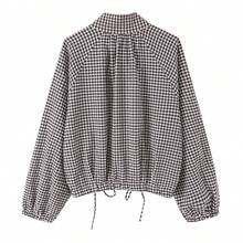 Women Gingham Plaid Cropped Jacket Stand Collar Raglan Sleeve Drawstring Hem Button Casual Coat - Brown - View 10