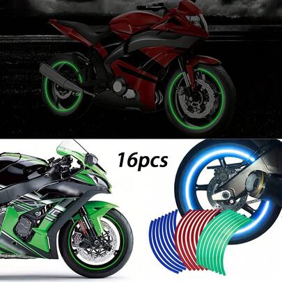 16pcs Reflective Waterproof Motorcycle And Car Wheel Stickers, High Visibility Car Exterior Accessories, Wheel Decoration Upgrade | Durable Adhesive Strips