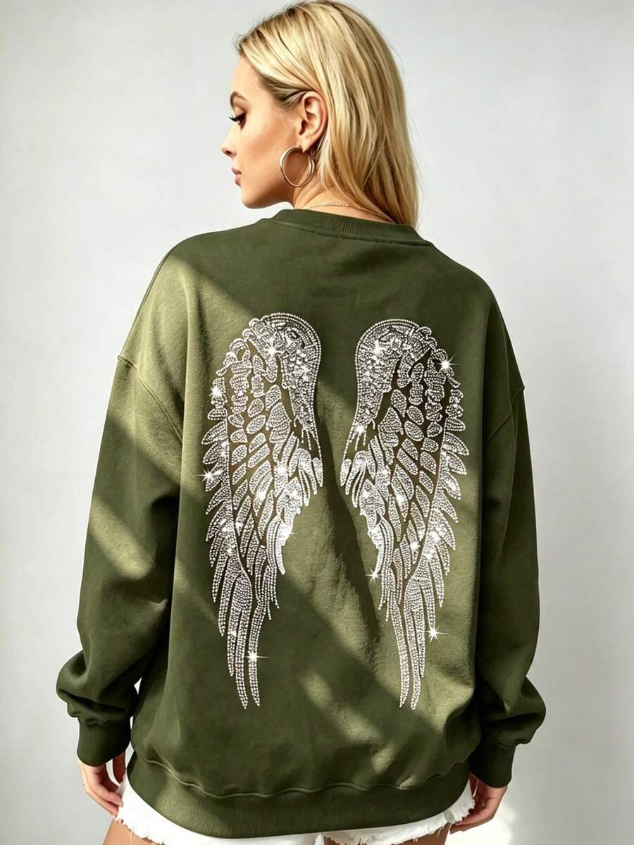Women's Oversized Angel Wings Print Hoodie - Black Y2K Back Graphic Pullover, Fall Winter Streetwear , Comfy Oversized Silhouette2026 - 軍綠色2 - 查看 1