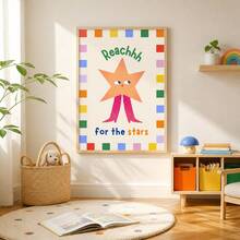 1pc Reach For The Stars Nursery Wall Art, Cute Star Print Canvas Painting, Inspirational Quote Poster For Boys And Girls Bedroom, Unframed/Framed/Hanging Decor - Multicolor - View 1