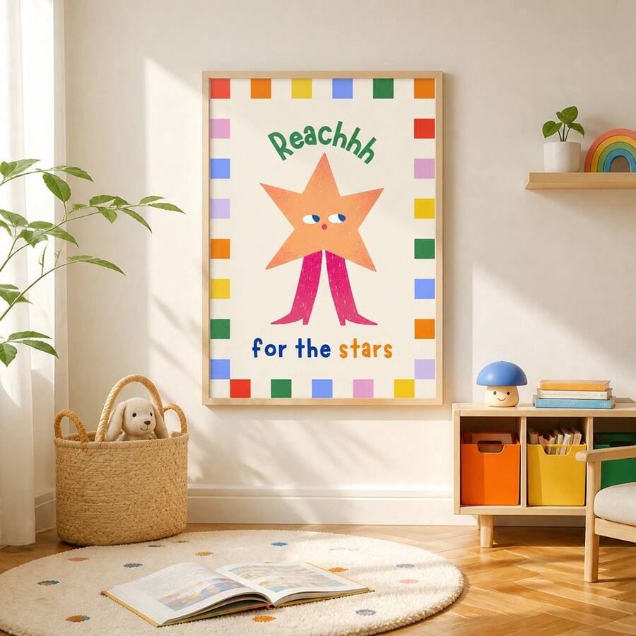1pc Reach For The Stars Nursery Wall Art, Cute Star Print Canvas Painting, Inspirational Quote Poster For Boys And Girls Bedroom, Unframed/Framed/Hanging Decor - Multicolor - View 1