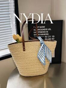 1pc High-Quality Textured Woven Bucket Tote Bag, Suitable For Daily Use, Dates, Shopping, And Fashionable Vacation Essentials - Beige - View 2