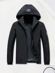 Men's Hooded Windbreaker Jacket, Casual Outdoor Hiking Zip-Up Lightweight Coat - Black - View 3