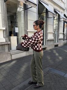 Joy Knit Women's Sweater Autumn/Winter Fashion New Style - Basic Tops - Simple Casual Fashion Versatile - Checkered Round Neck Button Sweet Fall - Burgundy - View 5