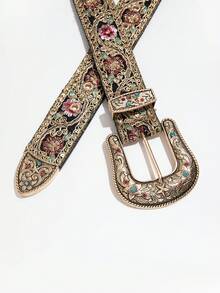女款花卉刺繡水鑽西式腰帶，黑色波希米亞復古牛仔女郎腰帶 - 黑色-金色刺繡 - 查看 5