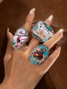 1/3 Pc Vintage Western Cowboy Printed Statement Ring, Retro Inlaid Oversized Cocktail Ring, Boho Cowgirl Fashion Jewelry For Women Party Daily Wear - Multicolor - View 6