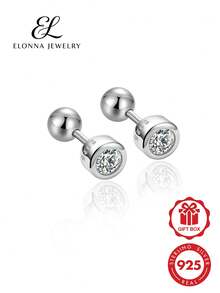 SYMFNY 1 Pair 925 Sterling Silver Round Bezel Set Cubic Zirconia Screw Back Stud Earrings - Silver - View 1
