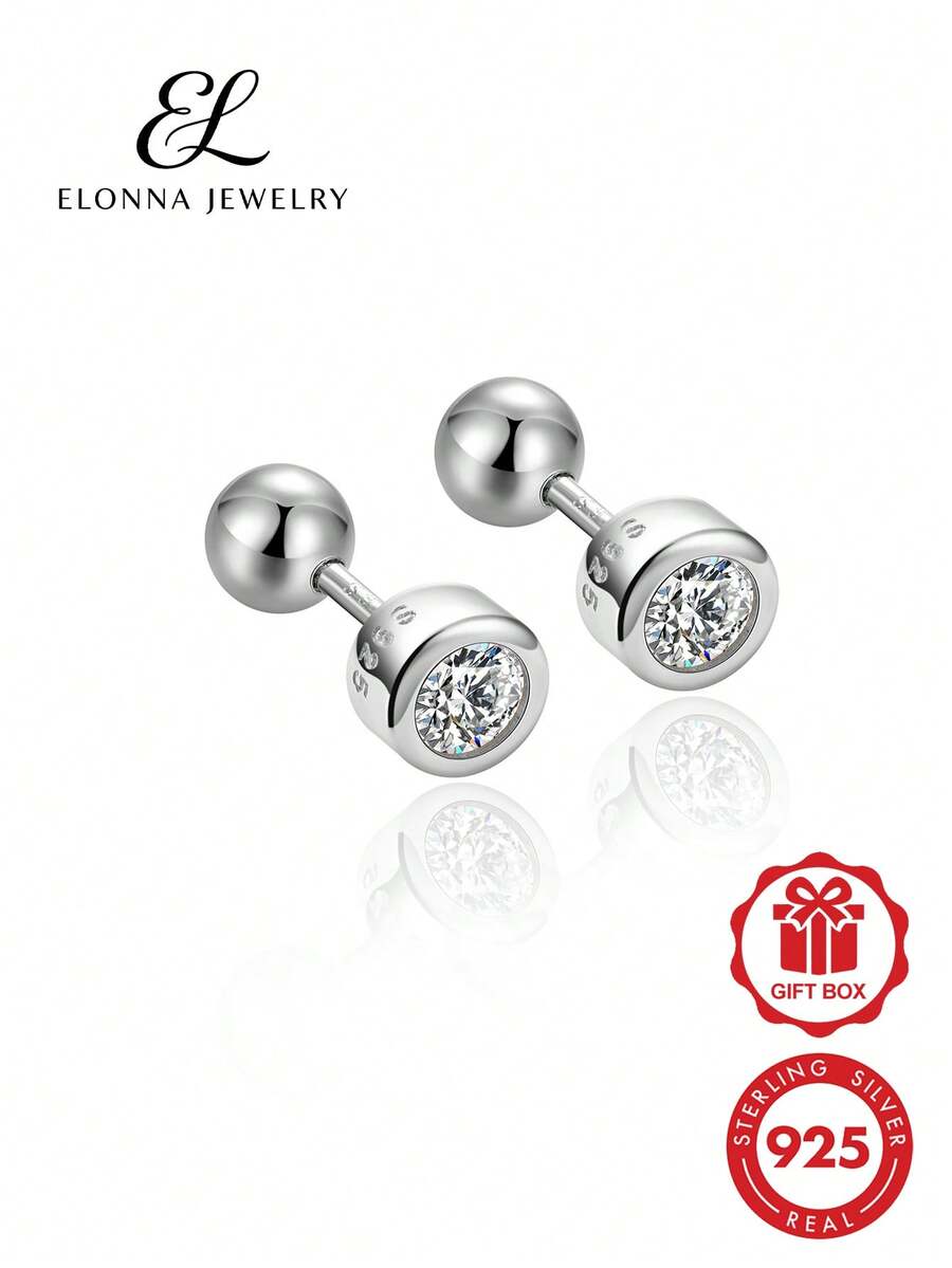 SYMFNY 1 Pair 925 Sterling Silver Round Bezel Set Cubic Zirconia Screw Back Stud Earrings - Silver - View 1