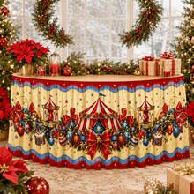 1pc Polyester Christmas Circus Tent Carousel Drum Big Bow Star Ribbon Daisy Wreath Vintage Carnival Wavy Edge Printed Tablecloth Table Skirt Decoration, Suitable For Holiday Party, Cafe, Buffet, Banquet, Retail Stall, Holiday Reception Counter Decoration - A - View 3