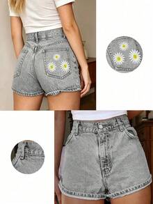 Teen GirlNon-Stretch Denim Shorts With Pockets And Embroidery, For Students - Light Grey - View 3