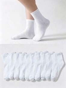 10 Pairs Unisex Pure White Comfortable Mid-Calf Socks, Suitable For Daily Wear, Loafers, Sneakers And All Seasons - White - View 1