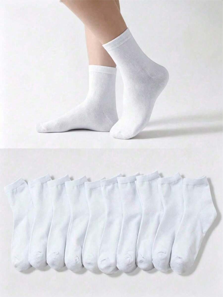10 Pairs Unisex Pure White Comfortable Mid-Calf Socks, Suitable For Daily Wear, Loafers, Sneakers And All Seasons - White - View 1