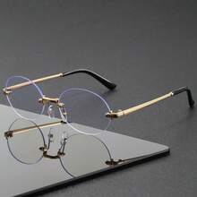 Rimless Oval Cut Edge Clear Lens Thin Gold Metal Frame Black Temple Tips Decorative Glasses For Teens - Clear - View 7