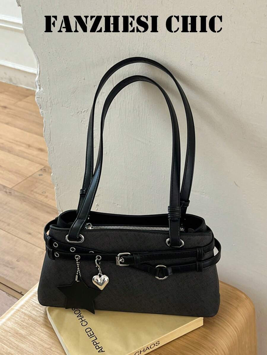 Ins Niche Distressed Underarm Bag With Metal Buckle And Strap Decor, Minimalist Commuter Sweet Cool Style Women's Handbag - Black - View 1