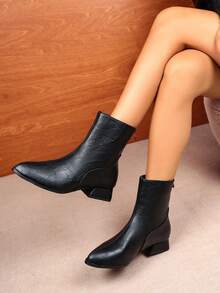 Spring/Autumn Black Soft Leather Pointed Toe Ankle Boots For Women, Low Chunky Heel, Back Zipper, Versatile Slimming Commuter Elegant - Black - View 3