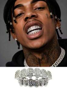 2PCS Gold Grillz Teeth Set,Iced Out Hip Hop Tooth Jewelry With Rhinestone Diamond Design,Shiny Gold Teeth Caps Fashion Accessories For Men Women Party - Multicolor - View 2