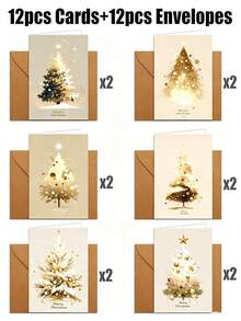 6 Sets Christmas Card Set With Envelopes - Gold Christmas Tree Design - Suitable For Parties, Holiday Greetings, Gifts, Birthdays And Creative Card Making - Multicolor - View 9