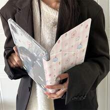 1件裝 粉色格紋可愛卡通動物印花 3+Y 折疊多角度磁吸平板保護殼，附筆槽與自動休眠/喚醒功能，相容 iPad PRO/AIR、Pad 5/6/21、Pad、MatePad、Honor Pad - 彩色 - 查看 3
