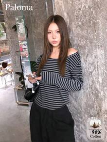 Vintage Striped Fitted Slim Long Sleeve Crew Neck Cropped Top Casual Spring - Grey - View 2