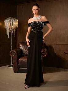 Gaun Mermaid Tanpa Bahu yang Elegan untuk Wanita, Dihiasi dengan Mutiara dan Rhinestone, Sempurna untuk Pesta Dansa dan Acara Malam Formal. - Hitam - View 5