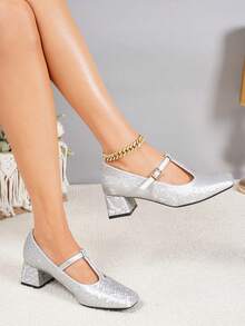 French Style Textured Square Toe T-Strap Women's Shoes With Adjustable Buckle Design, 4.5cm Chunky Heel, Comfortable For Long Wear, Versatile For Work And Parties - Silver - View 1