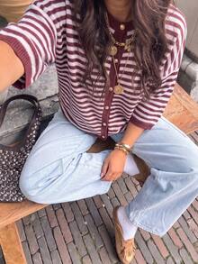 MORI Fall Winter Women Cardigans Y2K Cozy Wine Red Striped Elbow Sleeve Crewneck Loose Knit Sweater Cardigan Button Down Tops Fall Fashion Outfits - Red and Pink - View 2