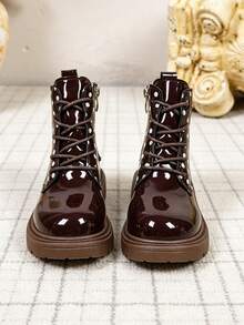 1 Pair Brown Polka Dot Glossy Children's Boots, Soft Mirror PU Material, Round Toe Thick Sole Height Increase, Fashionable Versatile Princess Style Short Leather Boots, Suitable For Daily School, Holiday, Party, Autumn/Winter New - Brown - View 4