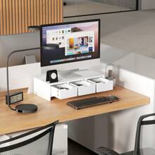 Dual Monitor Stand Riser With 2 Drawers, Adjustable Length And Angle, 116cm Monitor Riser Laptop, Computer, PC, Small Printer, Black - White + Engineered Wood - View 8