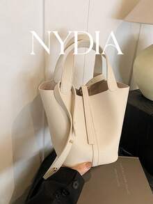 1PC Elephant Grey Pebbled Leather Mini Bucket Tote Bag With Matching Short Handle, Front Metal Buckle And Fabric Label, Open Shallow Trapezoid Body, Minimalist Commuter Handheld Small Bag Elephant Grey Pebbled Bucket Bag Mini Hand Tote Bag Minimalist Office Purse Daily Lighweight Handbag - White - View 2