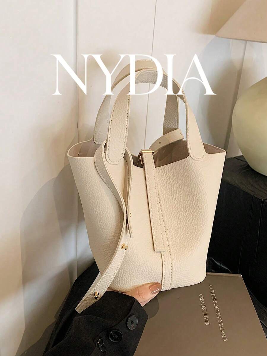 1PC Elephant Grey Pebbled Leather Mini Bucket Tote Bag With Matching Short Handle, Front Metal Buckle And Fabric Label, Open Shallow Trapezoid Body, Minimalist Commuter Handheld Small Bag Elephant Grey Pebbled Bucket Bag Mini Hand Tote Bag Minimalist Office Purse Daily Lighweight Handbag