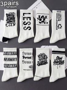 3 Pairs Random Assorted Unisex American Graffiti English Stripe Letter Design Skin-Friendly Durable Comfortable Breathable Mid-Calf Socks For Home, Commute, Gift And Daily Wear - Black and White - View 9