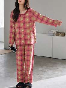 2pcs/Set Women's Pajamas Loungewear, Asymmetrical Print Long Sleeve Pants, Easy Care Fabric - Red - View 3