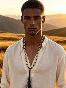 1pc Bamboo & Wooden Bead Handmade Beaded Tassel Necklace, Unisex Necklace, European & African Style - Apricot - View 2