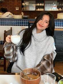 Korean Style Turtleneck Sweater Vest For Women, New Loose Relaxed Layering Top - Light Grey - View 7