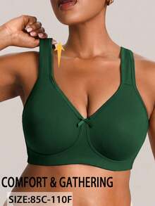 1pc Solid Color Casual Comfortable Plus Size Bra, Wire-Free Soft Back Design - Green - View 3