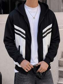 1pc Tween Boys Casual Minimalist Contrast Color Fleece Jacket, Suitable For Daily Casual, Travel, Sports, Spring/Autumn/Winter - Black - View 3