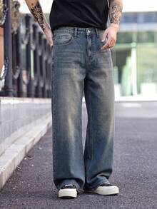1pc Men's Denim Wide Leg Pants, Cat Whisker Design, Versatile, Street Style, Suitable For Daily Wear - Blue - View 3