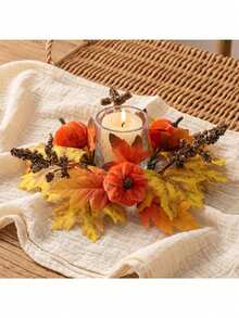 1pc Fall Candle Ring Wreath, Autumn Pumpkin Maple Leaf Table Centerpiece, Farmhouse Rustic Candle Holder Garland, Thanksgiving Dining Table Coffee Table Kitchen Cabinet Decoration, Seasonal Home Decor Gift - Multiple Styles - View 9