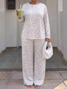 女款大尺碼豹紋印花睡衣套裝，長袖長褲居家休閒服，秋冬款 - 彩色 - 查看 3