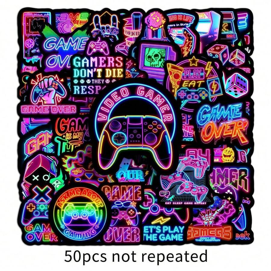 50Pcs Neon Game Graffiti Stickers Colorful Game Controller Waterproof Decals For Guitar Car Laptop Decor - 50 PCS - View 1