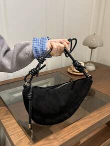 1pc Solid Color Matte Suede Fabric Shoulder Bag Women's Vintage Fashion Crescent Bag With Stitching Patchwork Zipper Closure Suitable For Daily And Street Use - Black - View 8