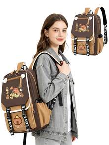 1pc Cute Capybara Colorblock Backpack, Lightweight Multi-Compartment Student Bag, Can Hold Textbooks, Laptop And Umbrella, Unisex - Brown - View 1
