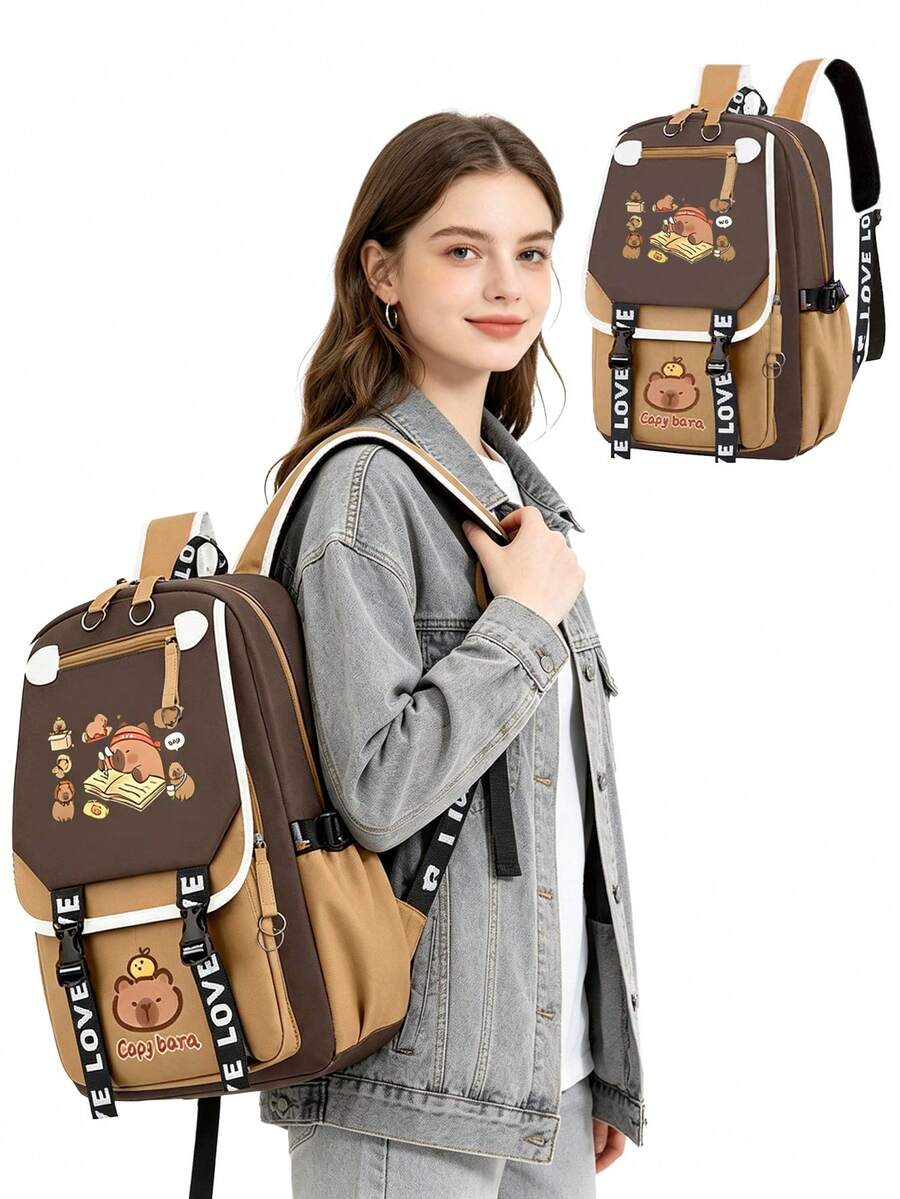 1pc Cute Capybara Colorblock Backpack, Lightweight Multi-Compartment Student Bag, Can Hold Textbooks, Laptop And Umbrella, Unisex - Brown - View 1